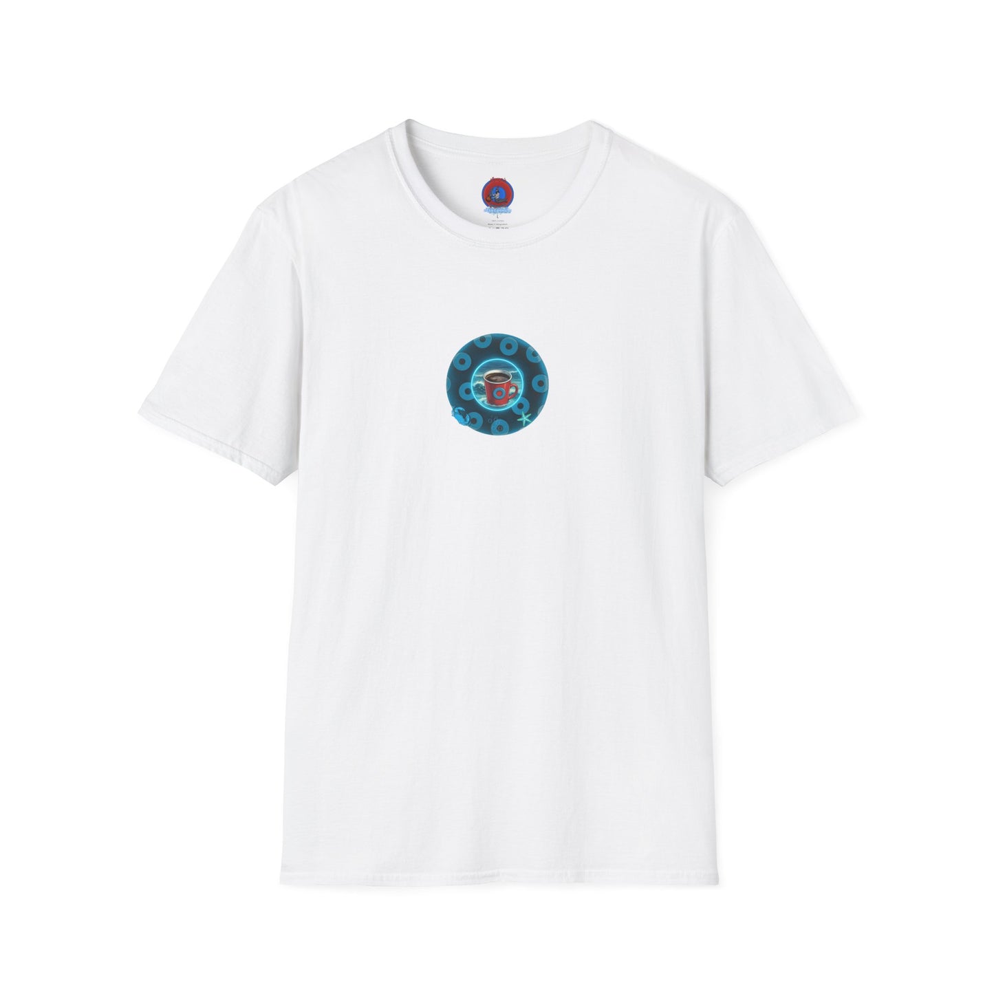 Lumpy Coffee Traders Tee - Unisex Soft-Style - "Good to Last Leaky Drop" - paradoxical donut - variant 2 - ocean donut front/logo back