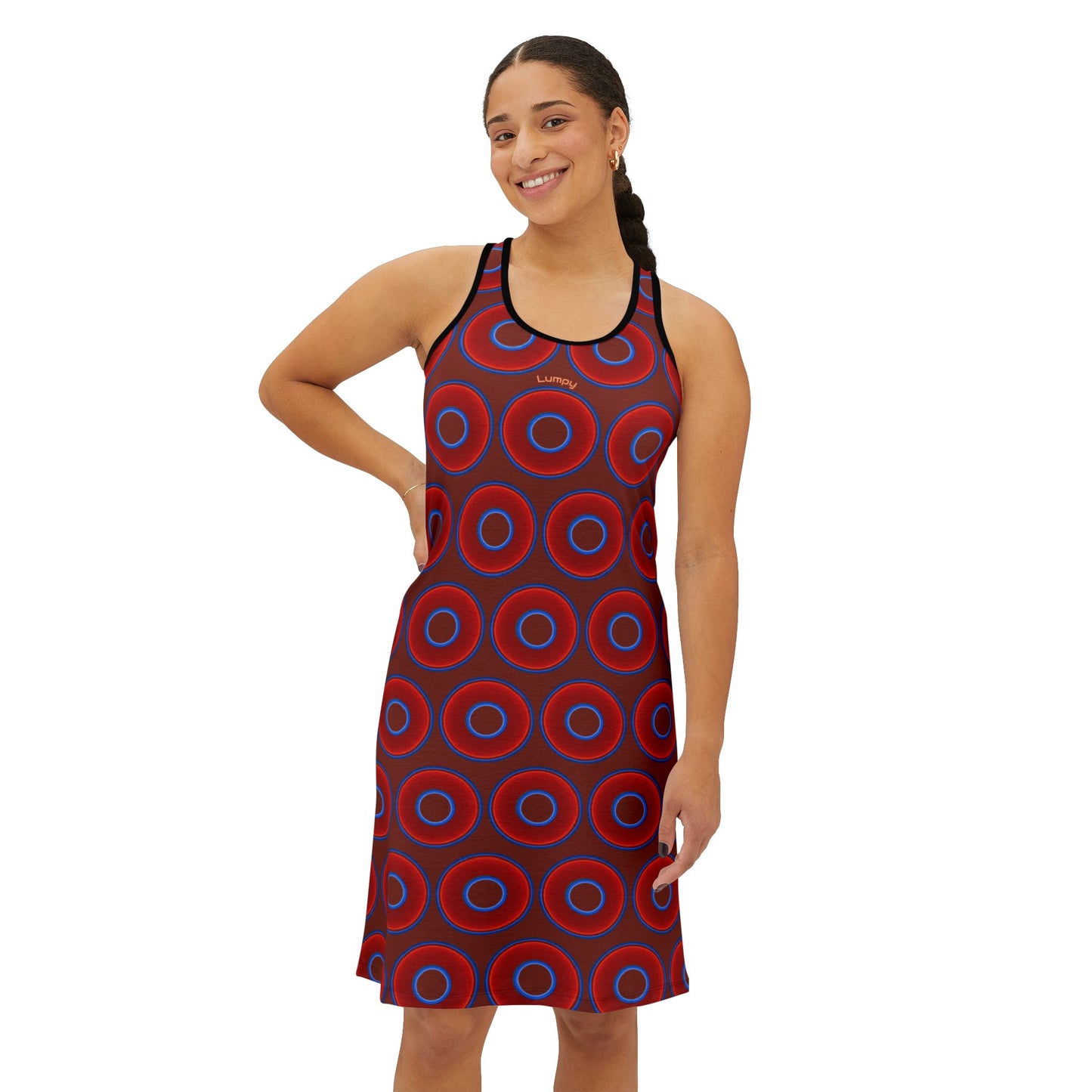 Tela's Lumpy Racerback Donut Dress - red vivid donut print w/burnt umber background