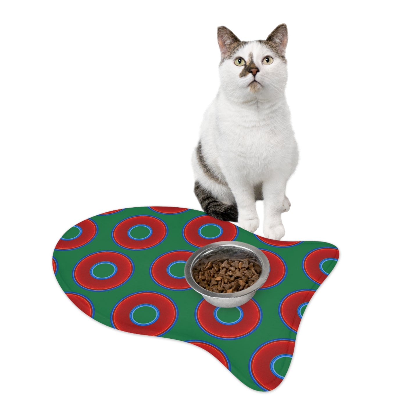 Wendy's Lumpy Pet Feed Mat - vivid red donuts w/green background