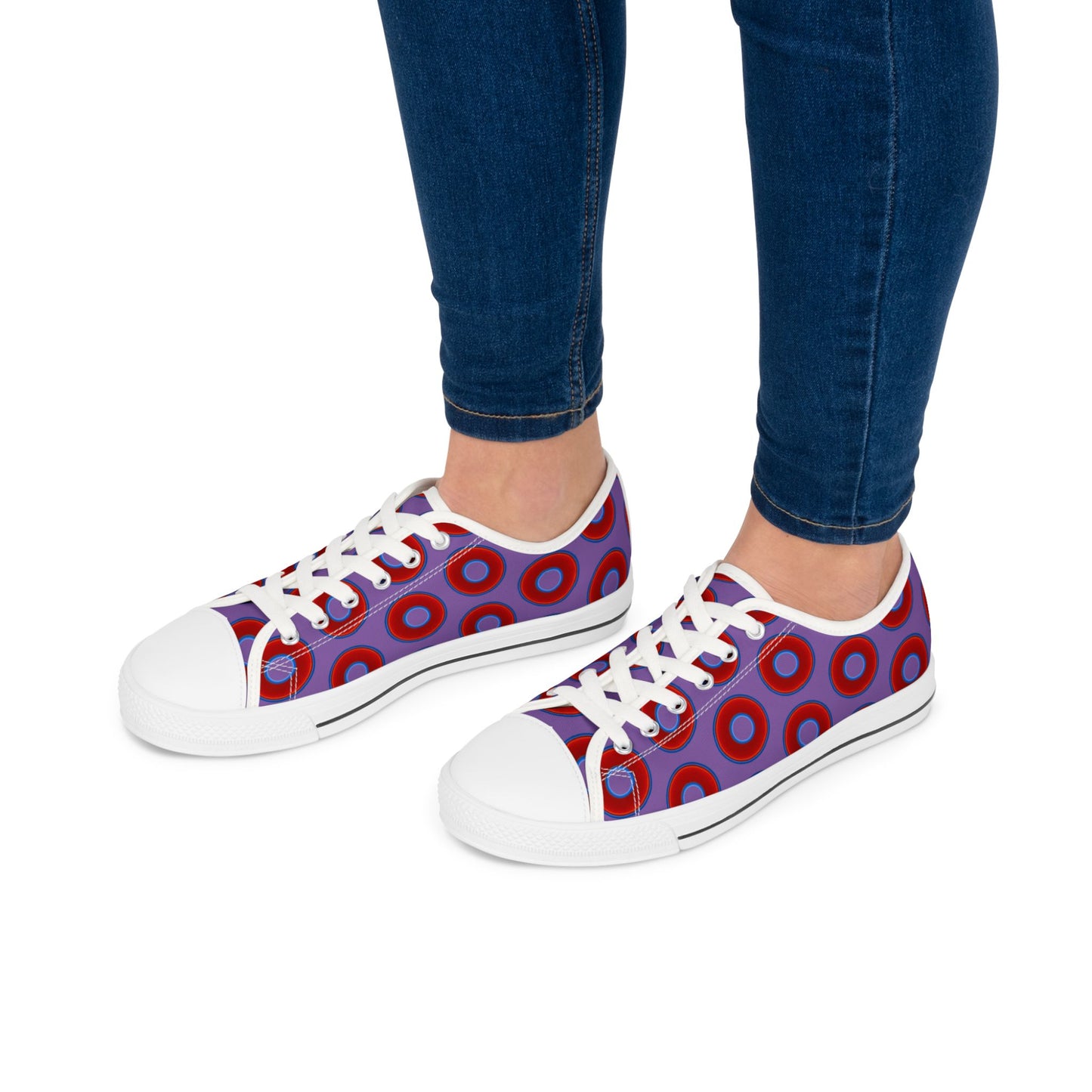 Women's - Low Top Chuck Taylors - large vivid red donut print w/light purple background