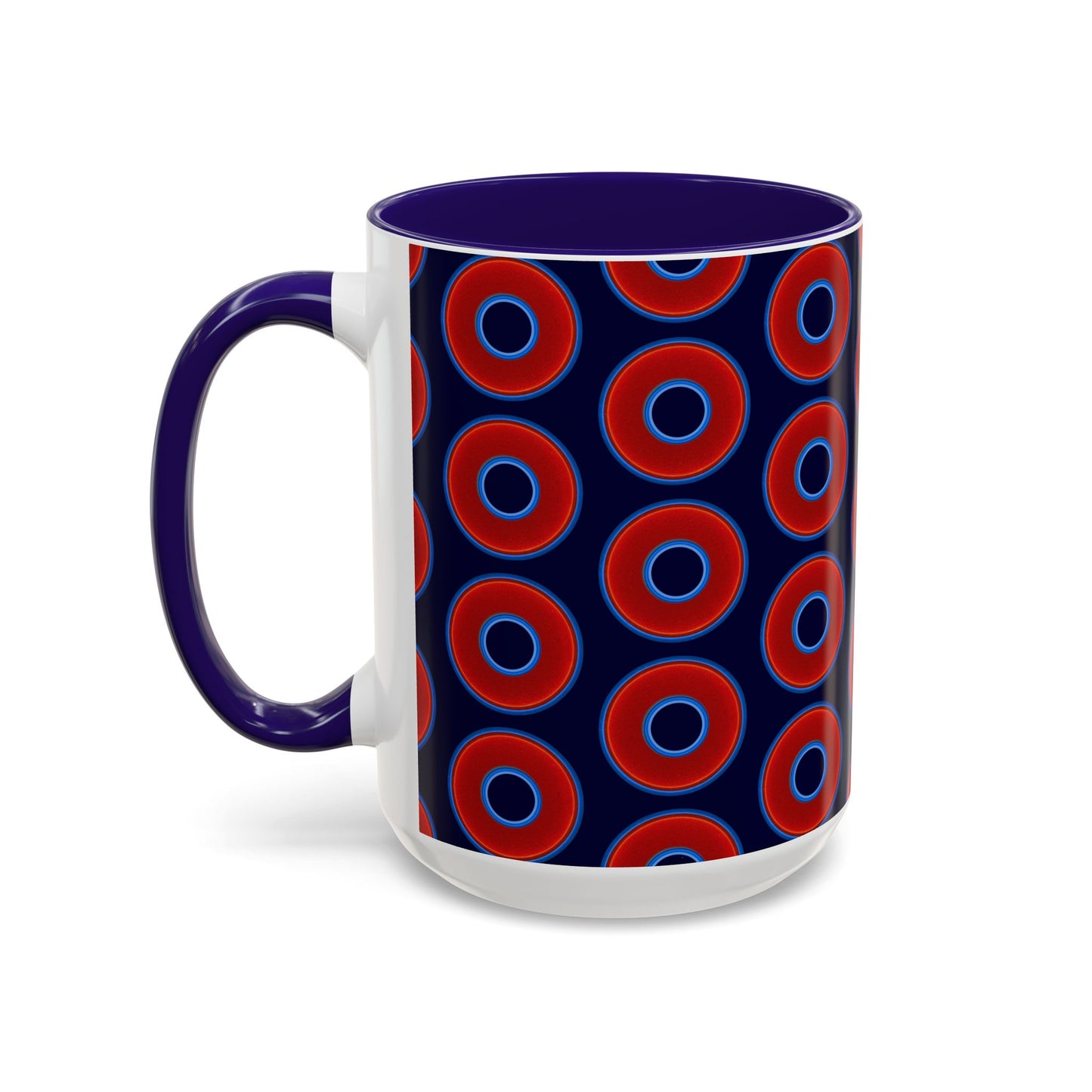 Lump's Grumpy Coffee Mug - vivid red donuts w/midnight blue background