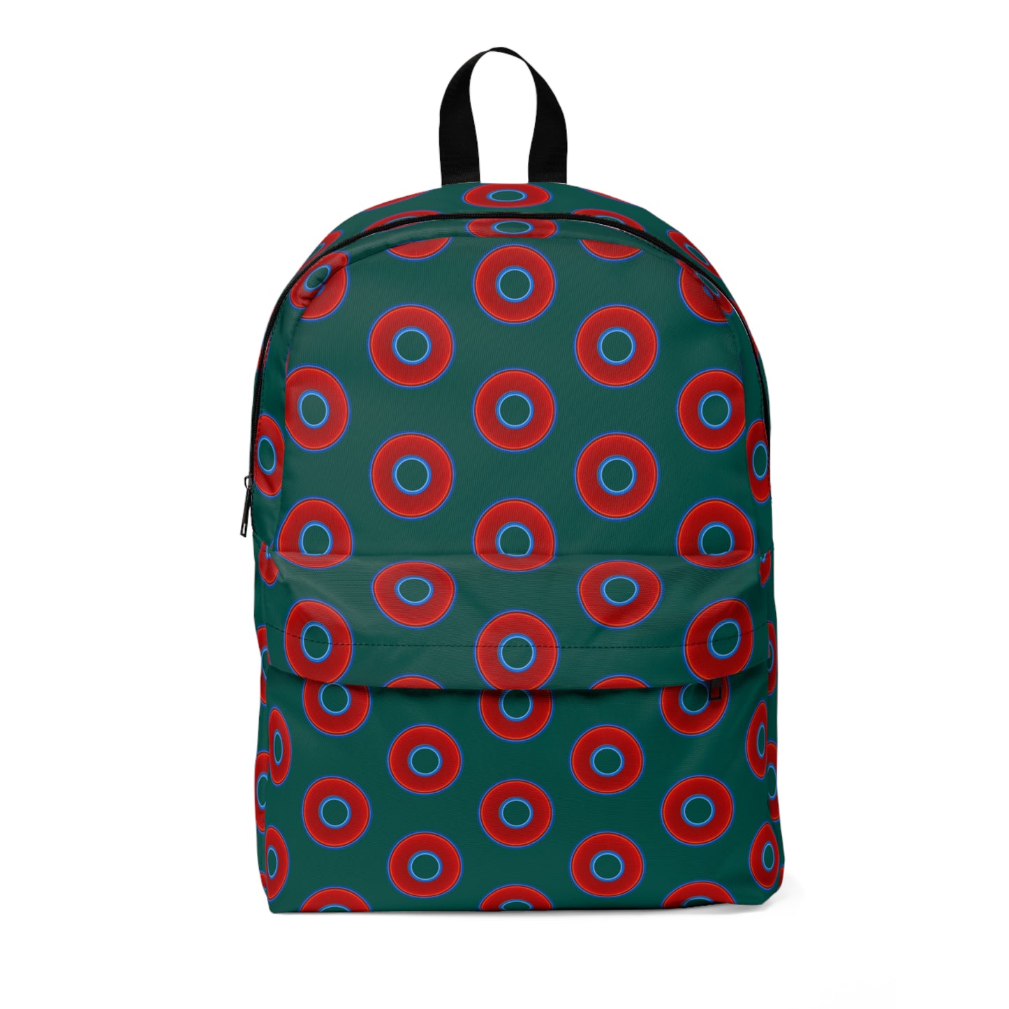 Donut Backpack - red vivid donuts w/dark grayish green background