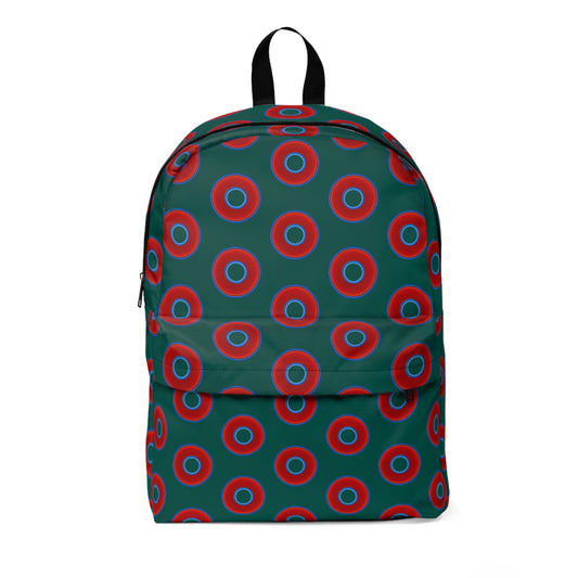Donut Backpack - red vivid donuts w/dark grayish green background