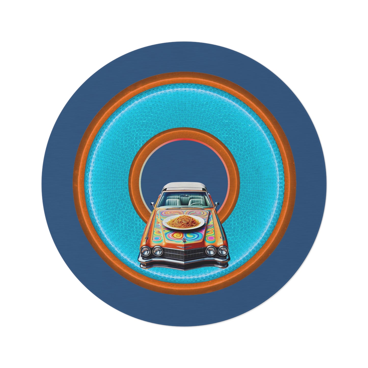Round Room - 5 ft x 5 ft Lumpy Donut Rug - "Caddy Spaghetti Incident Donut Rug" - rustic light blue/orange donut w/light navy background - variant 3