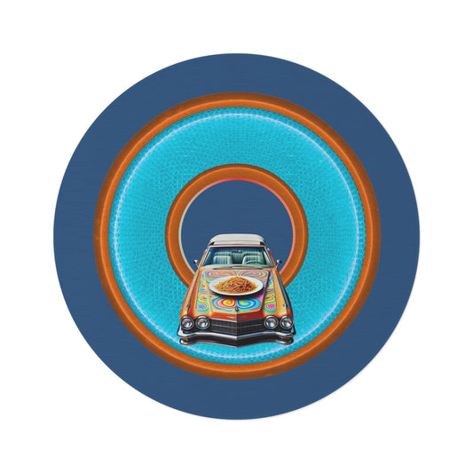 Round Room - 5 ft x 5 ft Lumpy Donut Rug - "Caddy Spaghetti Incident Donut Rug" - rustic light blue/orange donut w/light navy background - variant 3