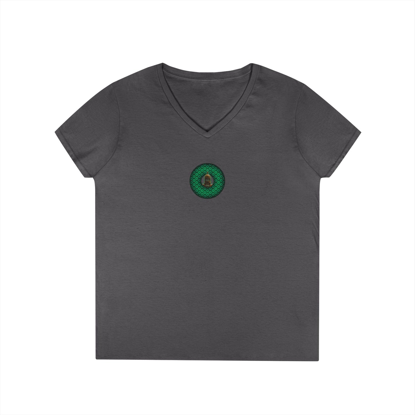Women's Donut V-Neck Tee - "Save the Mondegreen City Hall Clock Tower" - variant 2 - green/green paradox donut w/