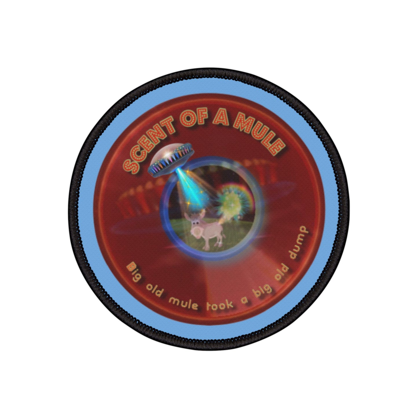 Iron-On Donut Patch - "Donut Patches? In Tomahawk County?" - vivid red donut - variant 3