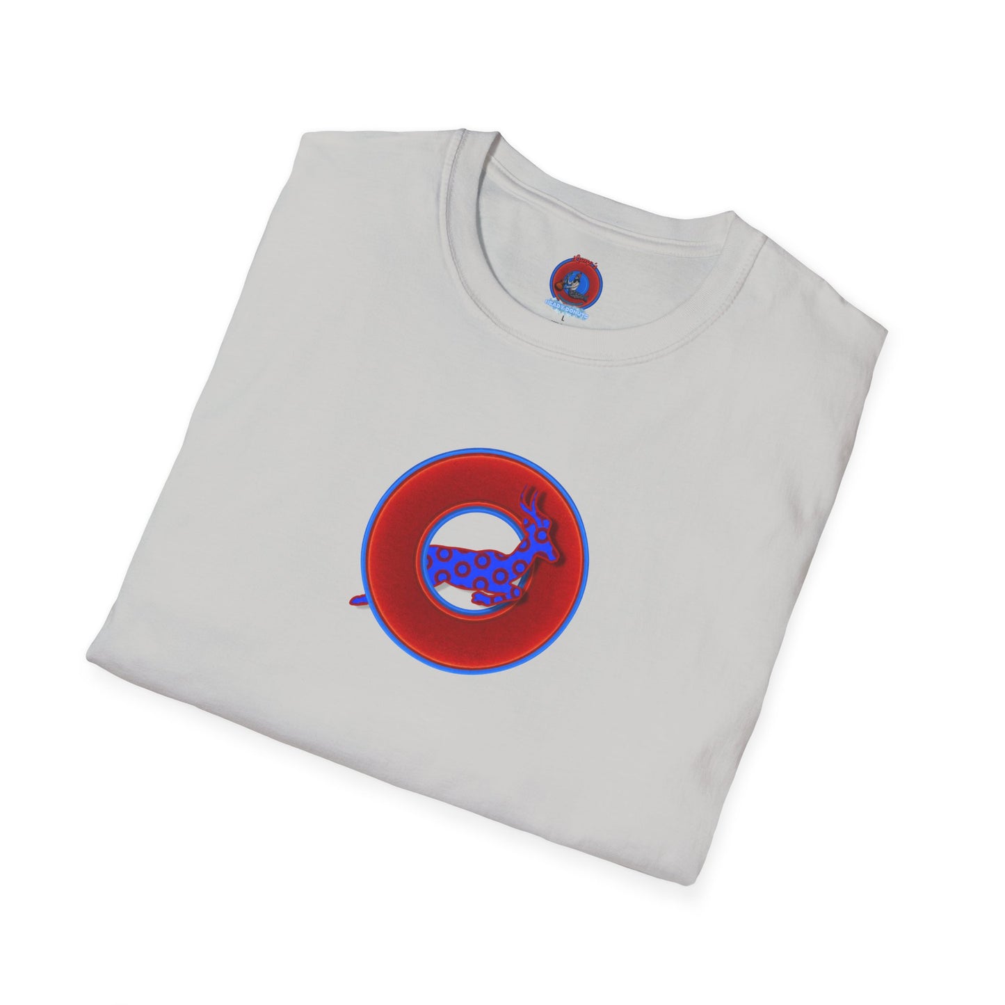 Classic Donut Tee - Unisex Soft-Style - "Out of Control Donut" - vivid red donut - variant 2 "jumping on through"