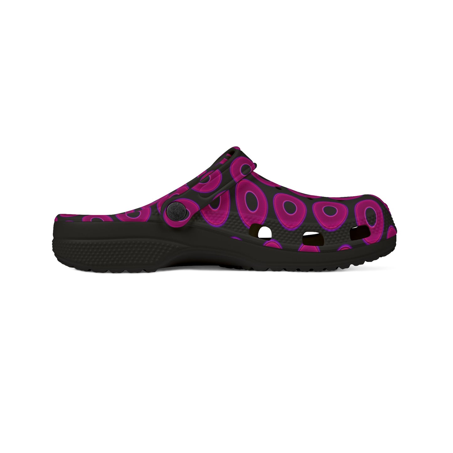 Spatchcocks - donut slip-on shoes - vivid magenta donuts w/black background [unisex]