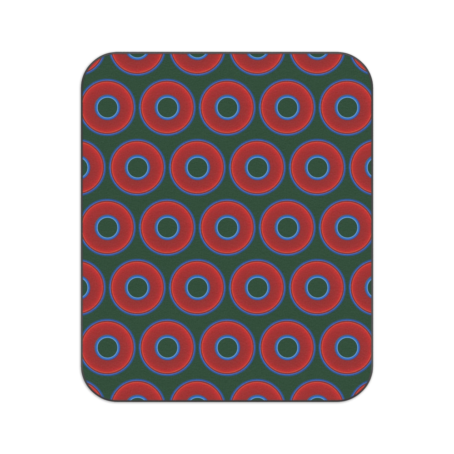 The Lumpy Party Blanket - giant water-resistant outdoor blanket [61" x 51"] - vivid red donuts w/deep pond green background