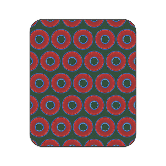 The Lumpy Party Blanket - giant water-resistant outdoor blanket [61" x 51"] - vivid red donuts w/deep pond green background