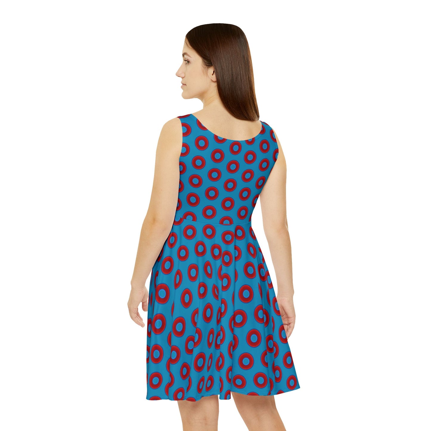 Women's Skater Donut Dress - vivid red donut print w/aquamarine blue background