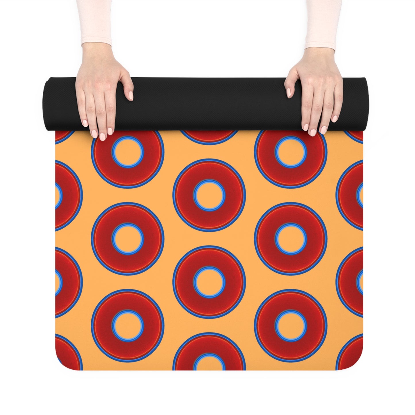 Lumpy Donut Yoga Mat :) - 24″ x 70" - vivid red donut print w/creamsicle background