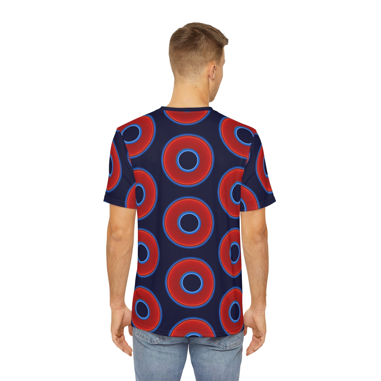 Multi-Beastie Giant Donut AOP Polyester Tee - red vivid donut print w/midnight blue background