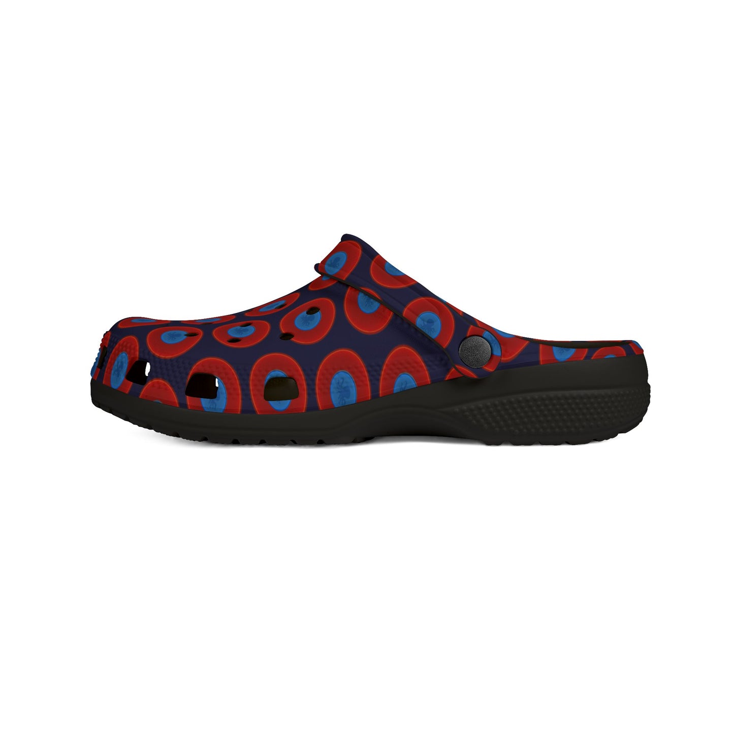 Spatchcocks - donut slip-on shoes - "Roger Moore's Octopussy Donut" - red vivid donuts w/midnight blue background [unisex]