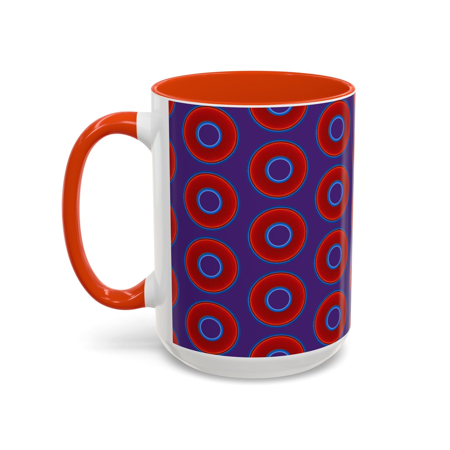 Lump's Grumpy Coffee Mug - vivid red donuts w/purple background