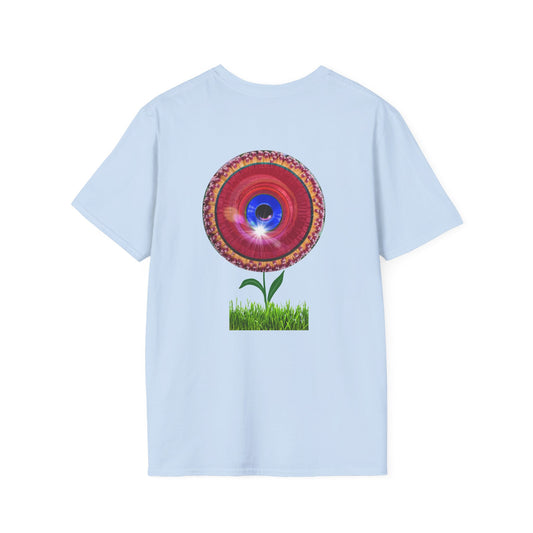 Classic Donut Tee - Unisex Soft-Style - "Smell the Donuts Outside on my Lawn"  " variant 1 - blue donut on red donut/flower
