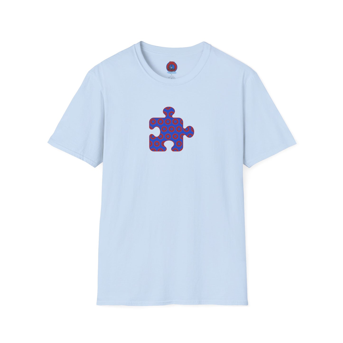Classic Donut Tee - Unisex Soft-Style - "Trey's Completed Donut Pattern" - vivid red/blue puzzle pattern - variant 2