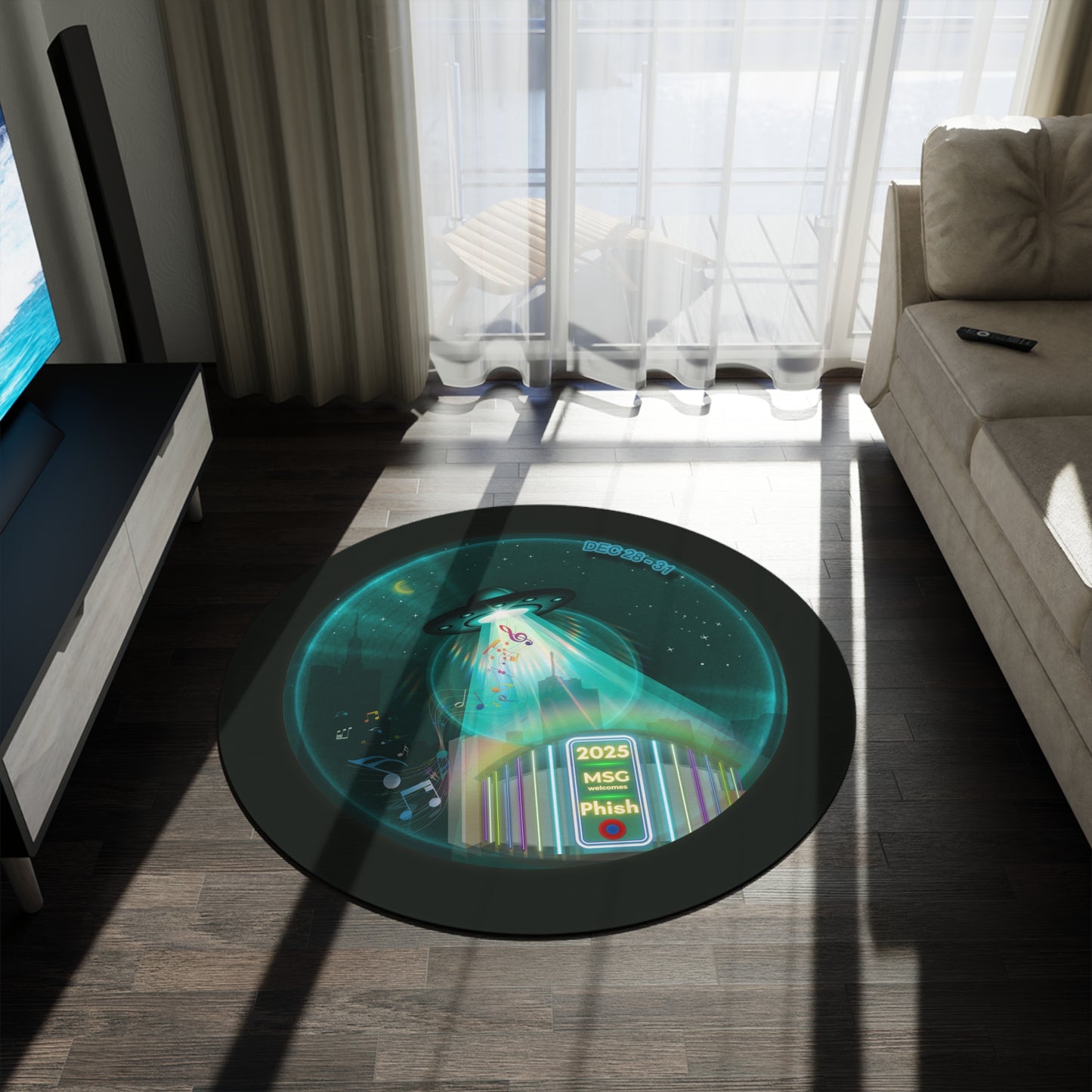 Round Room - 5 ft x 5 ft Lumpy Donut Rug - "Wendy's Preferred Donut Rug" - vivid dark teal/blue tube donut w/midnight moss background