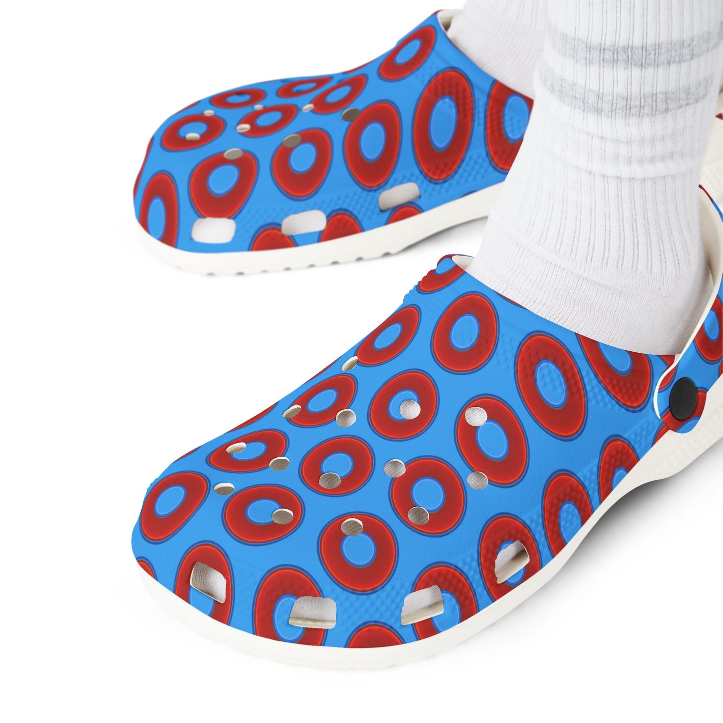 Spatchcocks - donut slip-on shoes - vivid red donuts w/sky royal blue background [unisex]