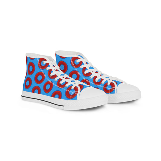 Men's High Top Chucks - large vivid red donut print w/sky royal blue background