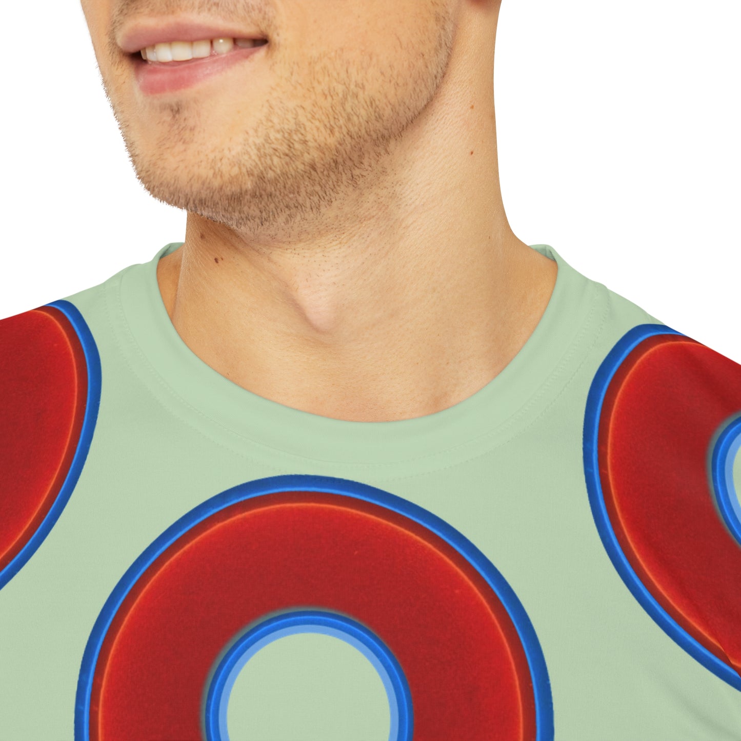 Multi-Beastie Giant Donut AOP Polyester Tee - red vivid donut print w/seafoam background
