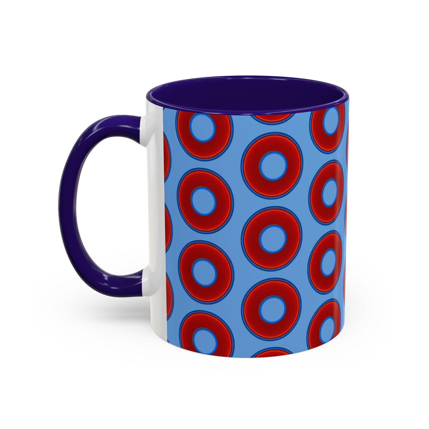 Lump's Grumpy Coffee Mug - vivid red donuts w/light blue background