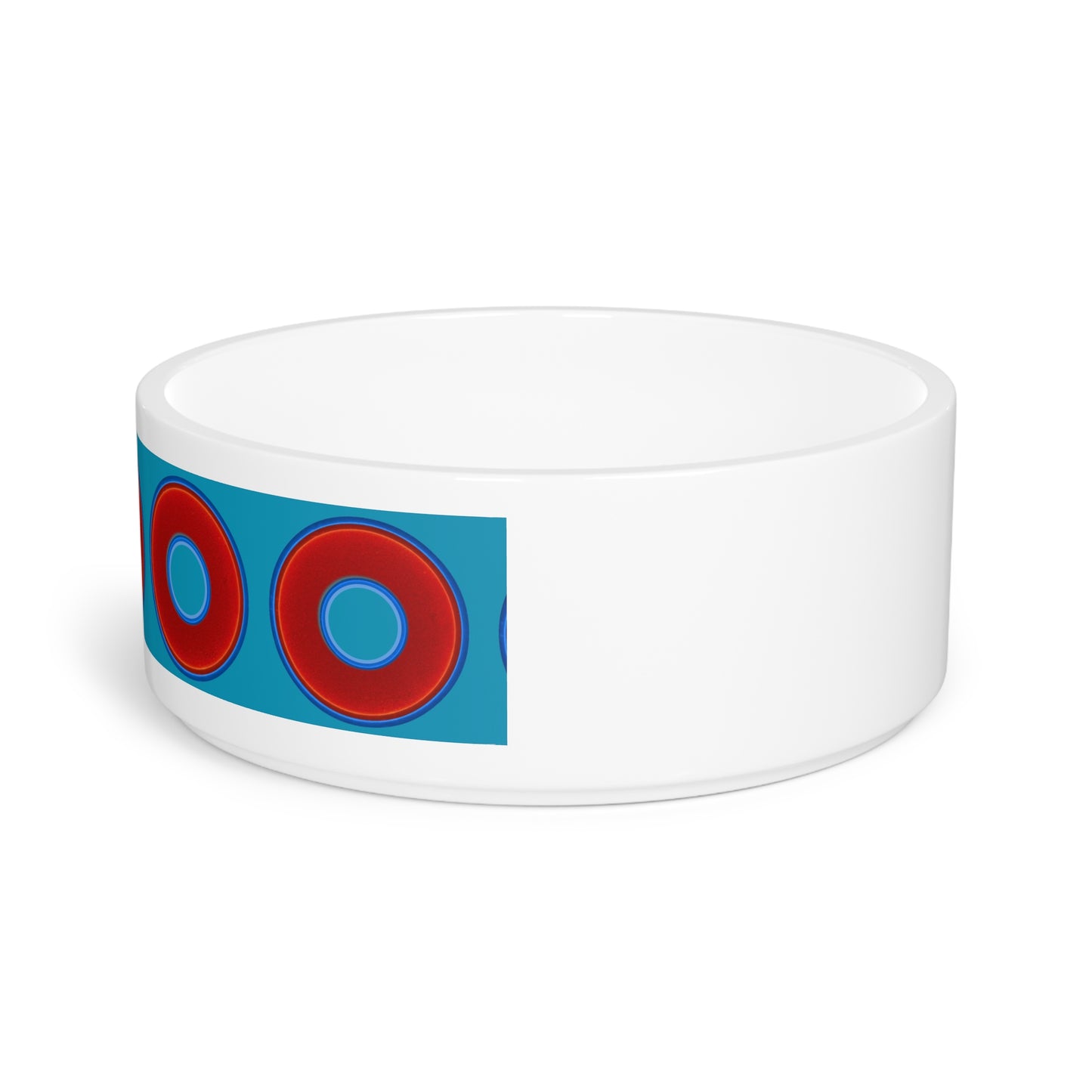 16 oz Lumpy Pet Bowl - vivid red donuts w/aquamarine blue background