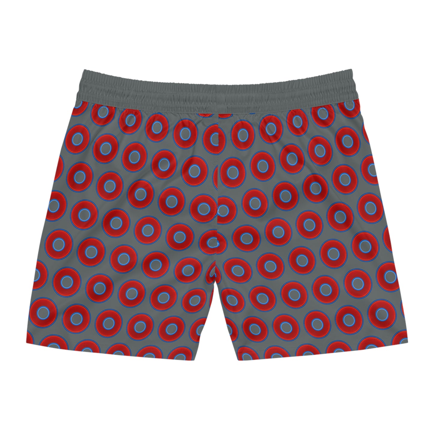 Men's Lumpy Swim Trunks - vivid red donut print w/dark gray background
