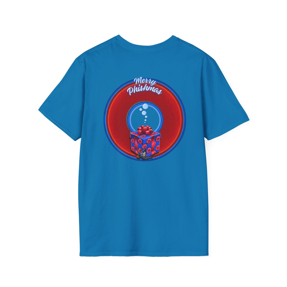 Classic Donut Tee - Unisex Soft-Style - "Phishmas Caroler's Tee " - vivid red/blue donut - variant 2