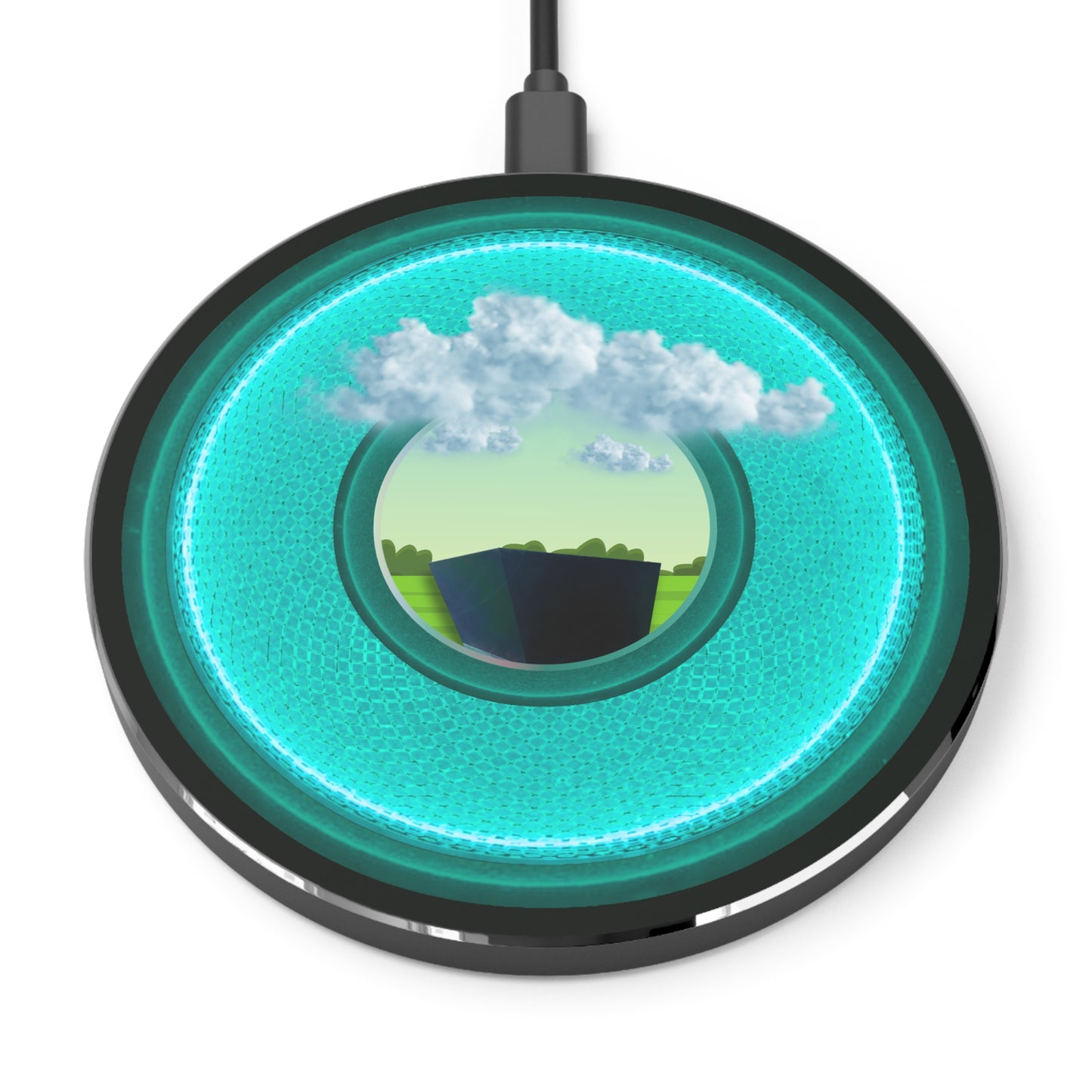 The Flow - Wireless Lumpy Donut Chargers - "Got Rhombus Wireless Charger?" - rustic turquoise/dark teal donut w/midnight moss green background - variant 5