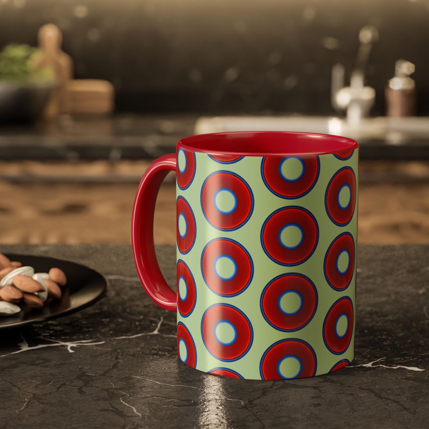 Lump's Grumpy Coffee Mug - vivid red donuts w/seafoam background