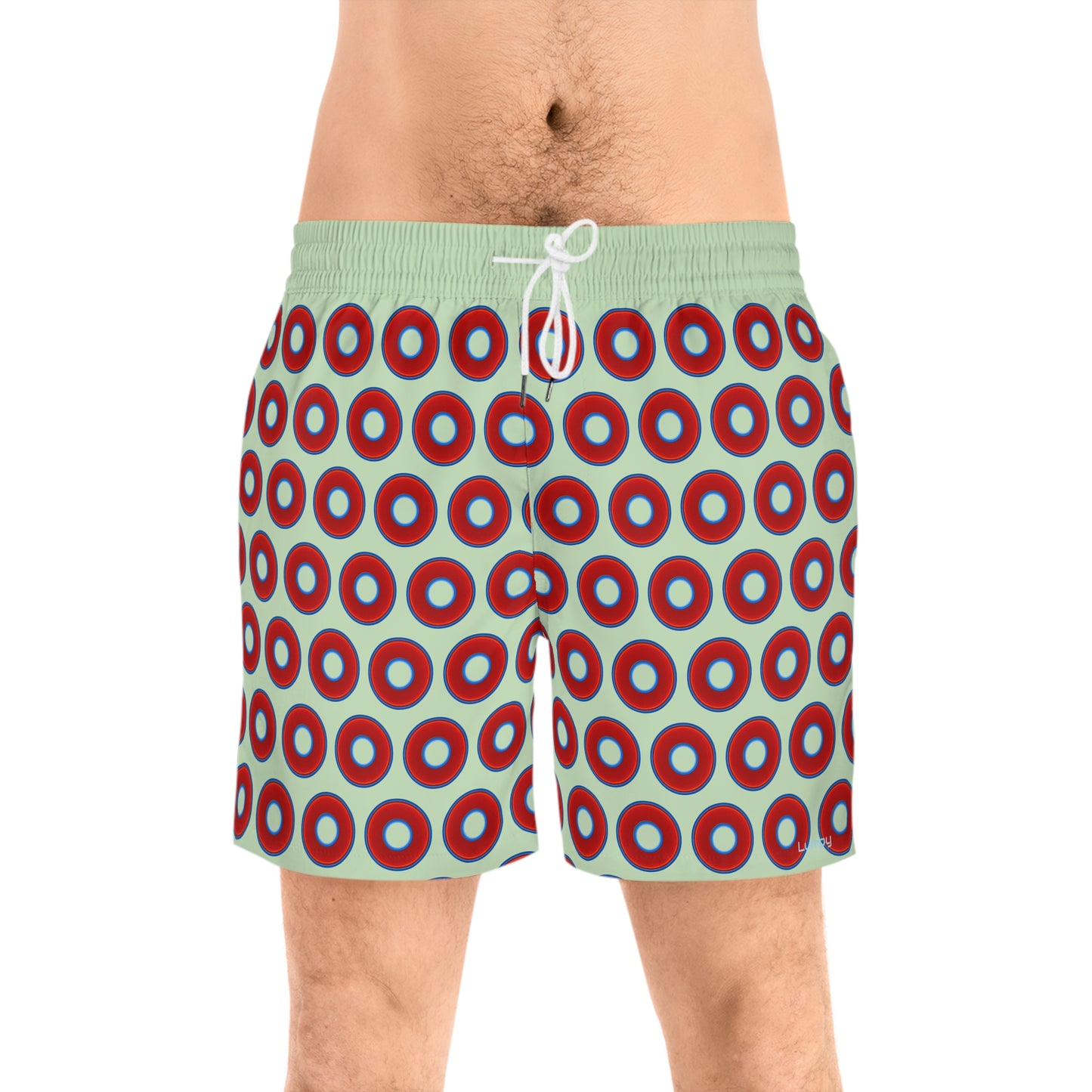 Men's Lumpy Swim Trunks - vivid red donut print w/seafoam background