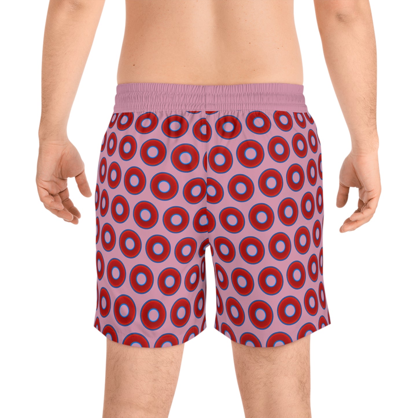 Men's Lumpy Swim Trunks - vivid red donut print w/pale magenta background