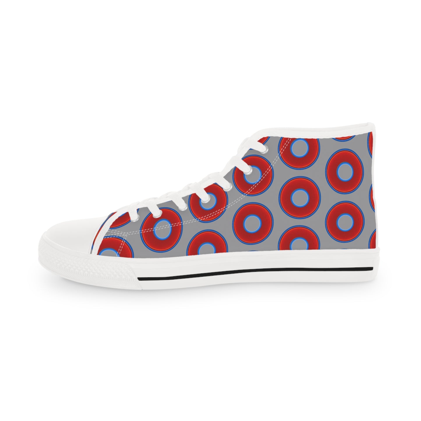 Men's High Top Chucks - large vivid red donut print w/gray background