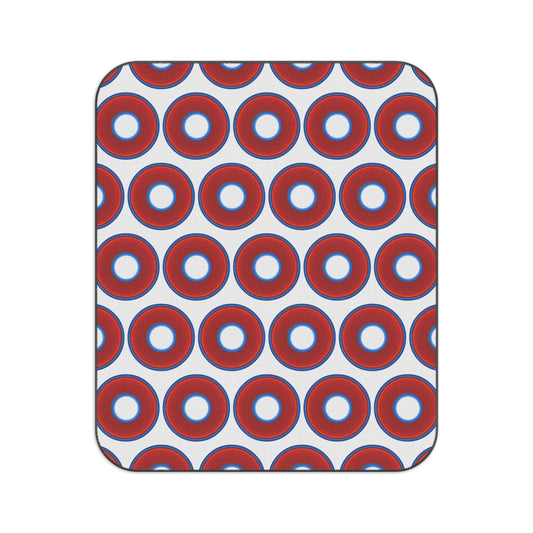 The Lumpy Party Blanket - giant water-resistant outdoor blanket [61" x 51"] - vivid red donuts w/white background