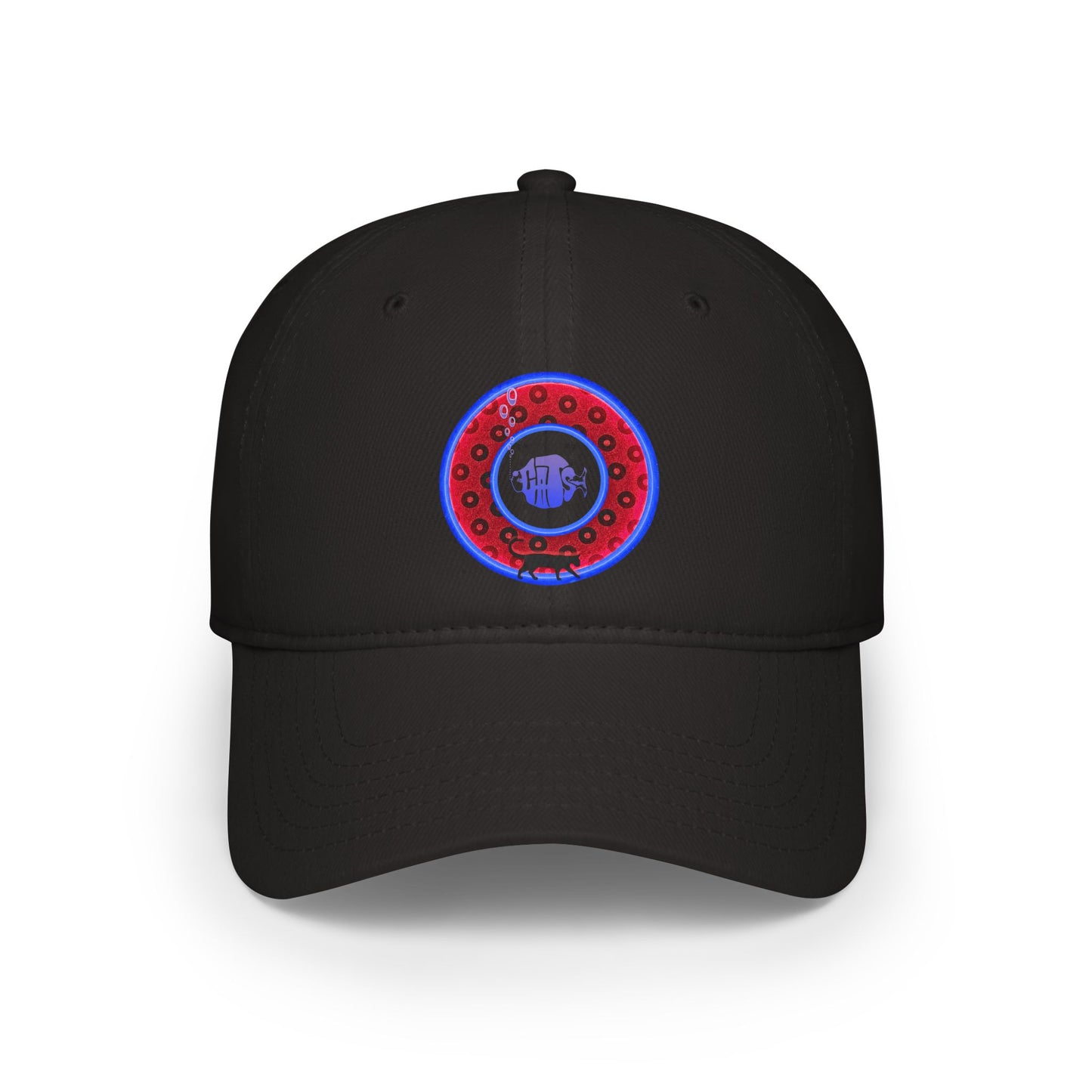 Lumpy Donut Baseball Cap - "My Pet Cat's Donut Cap" - paradoxical red/blue wide mouth donut w/ - variant 3