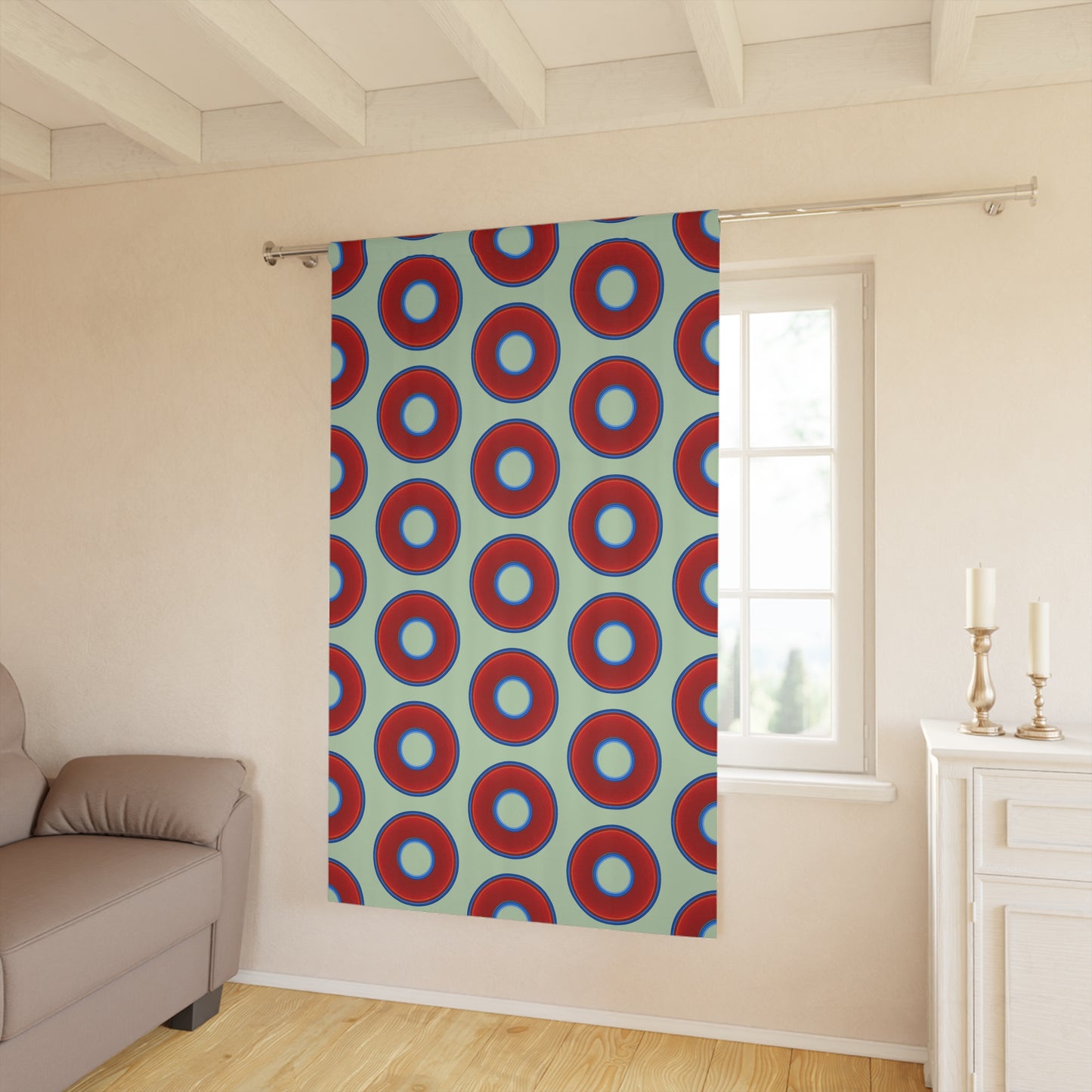 Lump's Heady Curtain w/Donuts - vivid red donut print - w/seafoam green background - [*1 Piece / 50" x 84"]