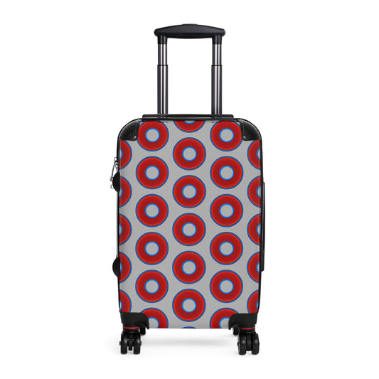 The Very Lumpy Donut Suitcase series - your choice of S, M or L - vivid red donut print w/light gray background