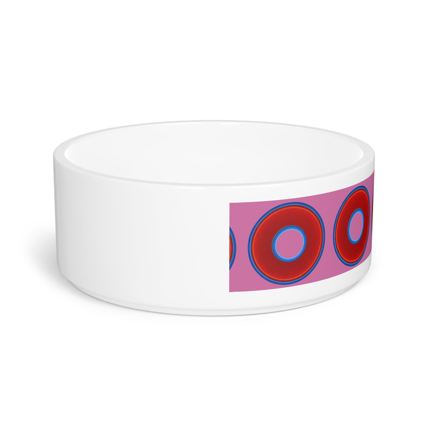 16 oz Lumpy Pet Bowl - vivid red donuts w/pink background