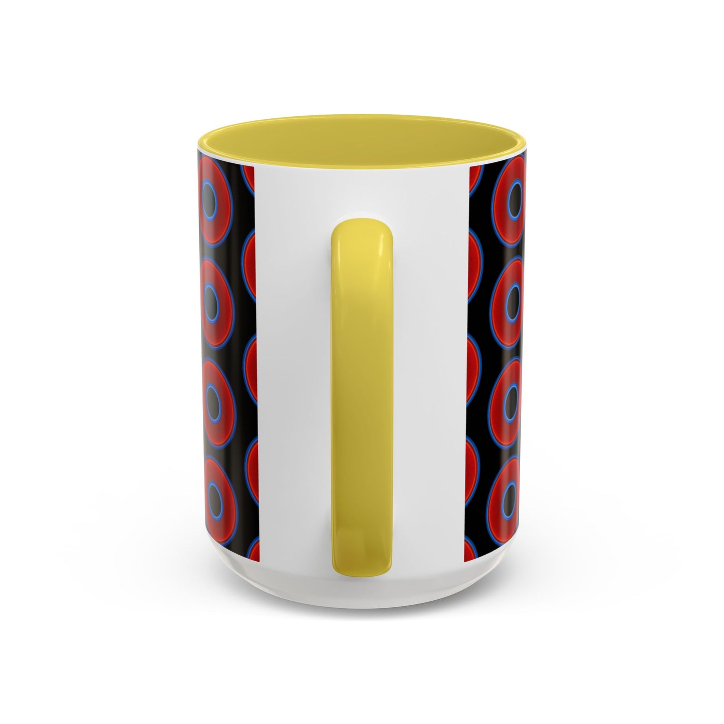 Lump's Grumpy Coffee Mug - vivid red donuts w/black background