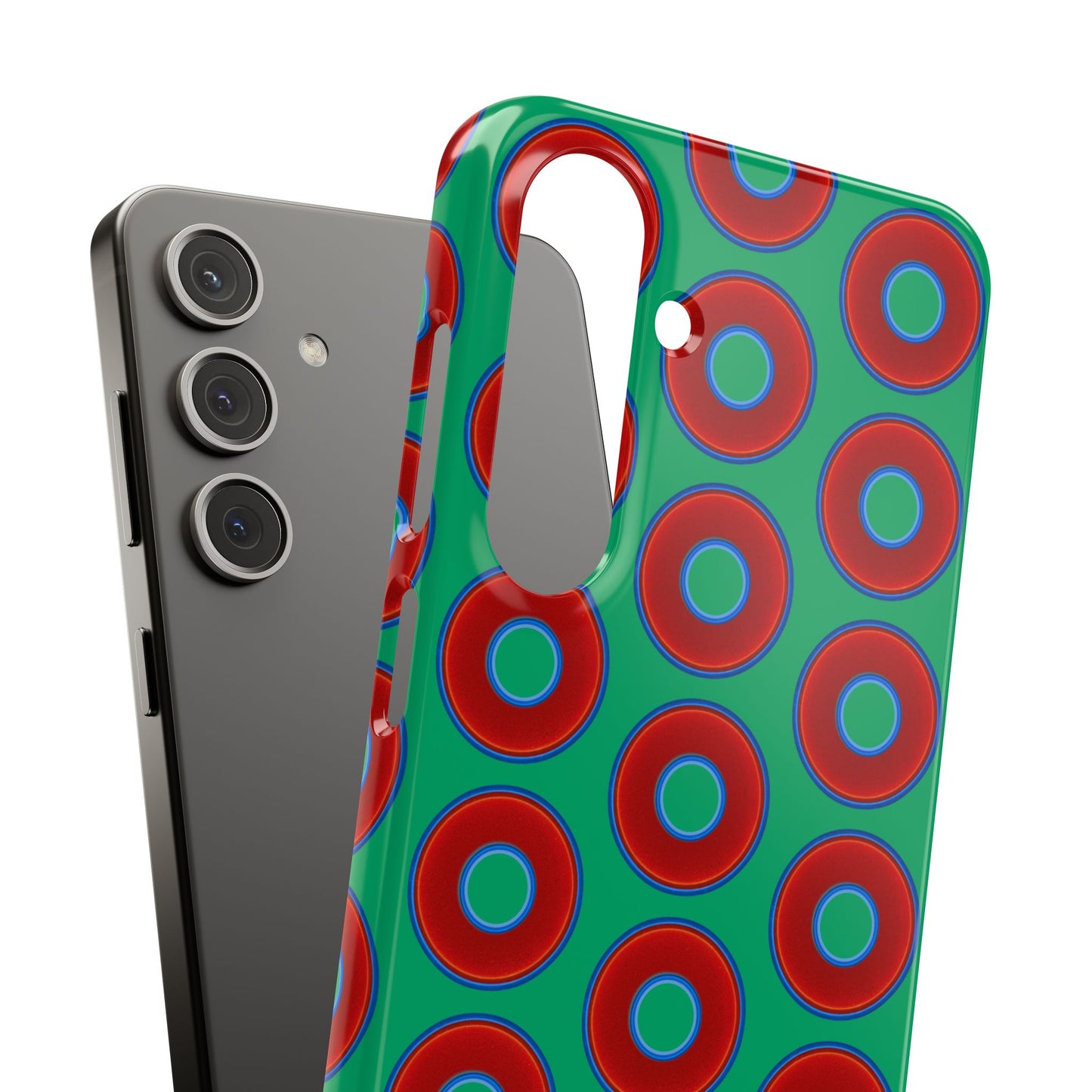 Lumpy Donut Snap Case - red vivid donut print w/jade green background