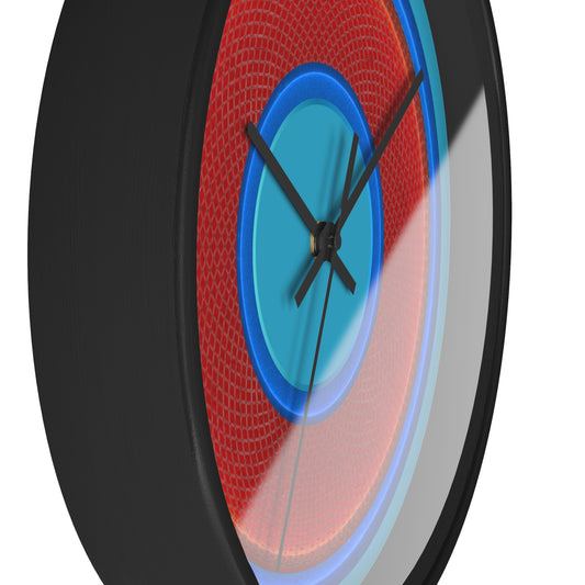 Lumpy Wall Clock - red rustic donut w/light blue edging - variant 6 w/aquamarine blue background