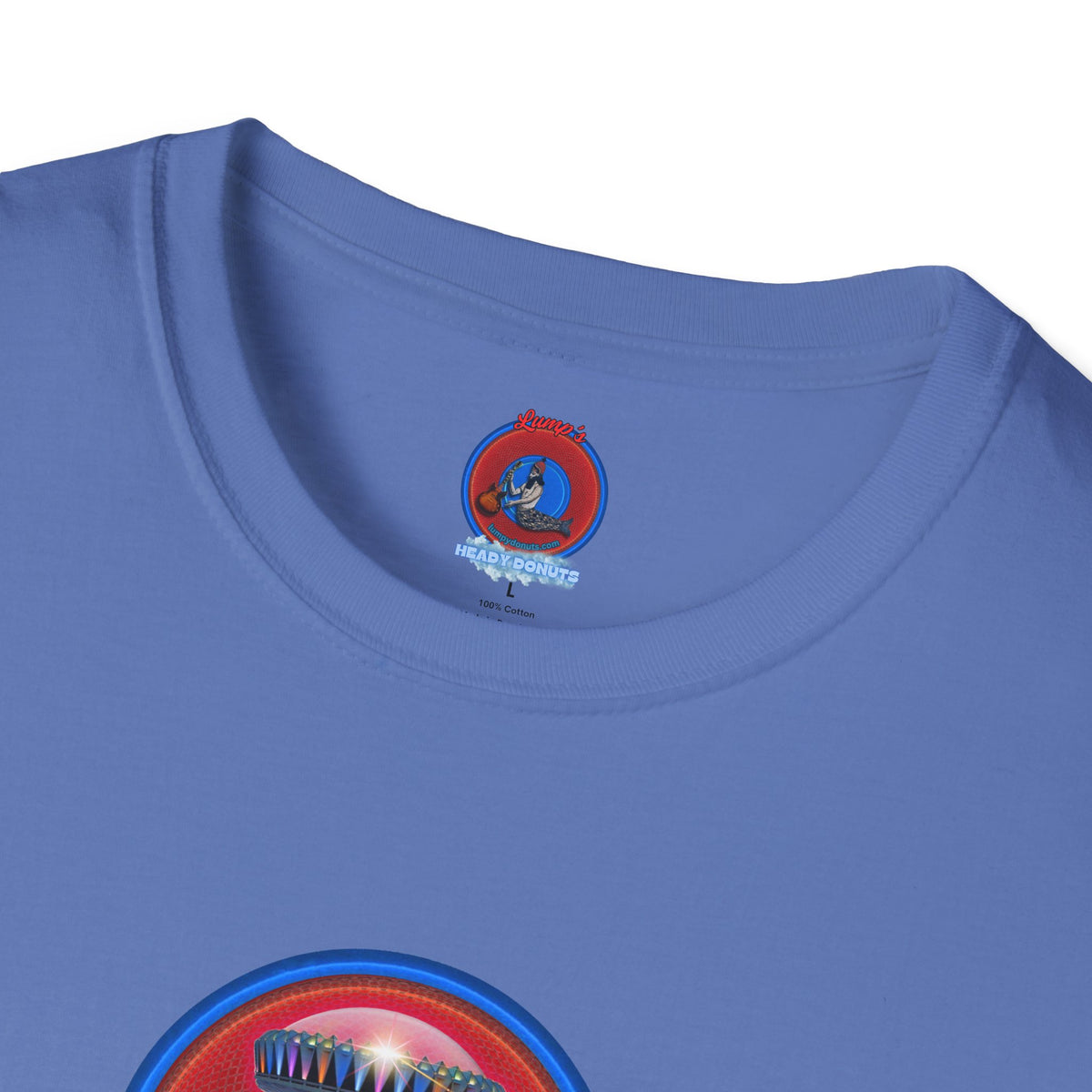 Classic Donut Tee - Unisex Soft-Style - "Donuts now Served on the Mothership" - red/blue donut