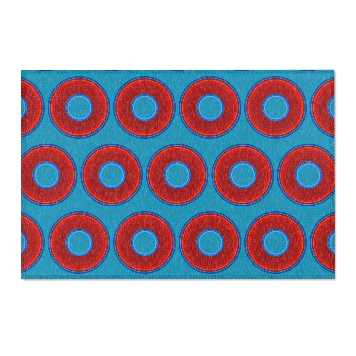 Lumpy Donut Print Rug - choice of 3 sizes - vivid red donut print w/aquamarine blue background