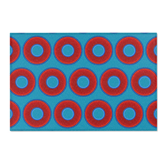 Lumpy Donut Print Rug - choice of 3 sizes - vivid red donut print w/aquamarine blue background