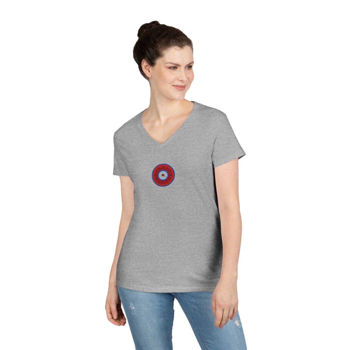 Women's Donut V-Neck Tee - "Time Treasurer's Donut Tee" - vivid red donut w/clock face