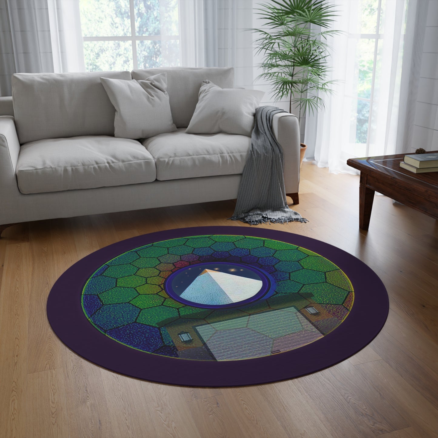 Round Room - 5 ft x 5 ft Lumpy Donut Rug - "Limestone Donut Rug so Large" - green hexadonut w/midnight purple background - variant 8