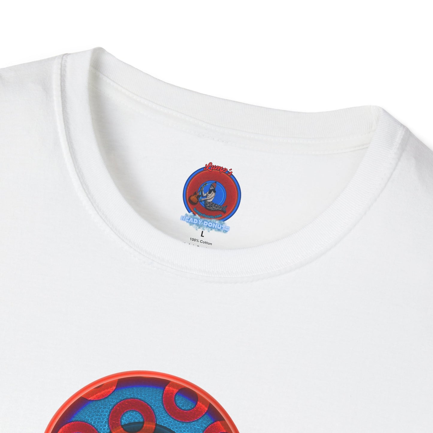 Classic Donut Tee - Unisex Soft-Style - "Peace of My Donut?" - blue/red rustic paradox donut