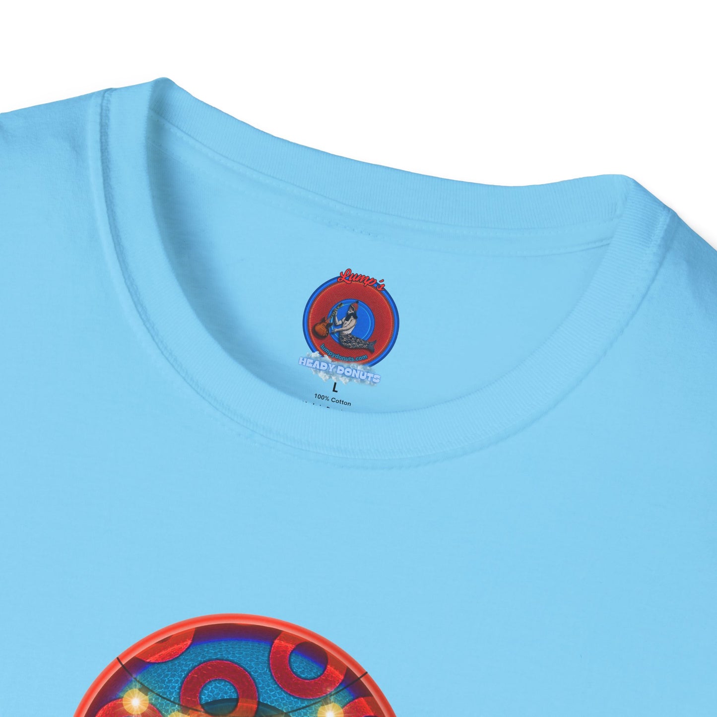 Classic Donut Tee - Unisex Soft-Style - "MORE Donuts Please" - rustic dark blue/red paradox donut - variant 1